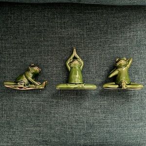 Green, ceramic, yoga frog figurines, set of 3.